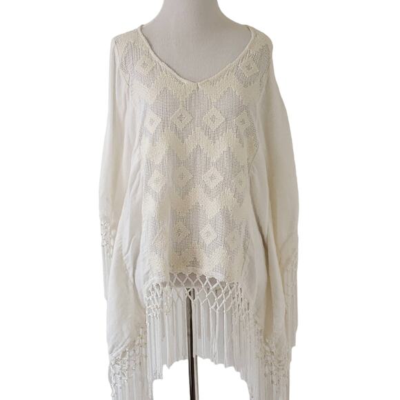 Anthropologie Lilka Crochet Fringe Hem Poncho White Lace Boho Women XS - Picture 2 of 11